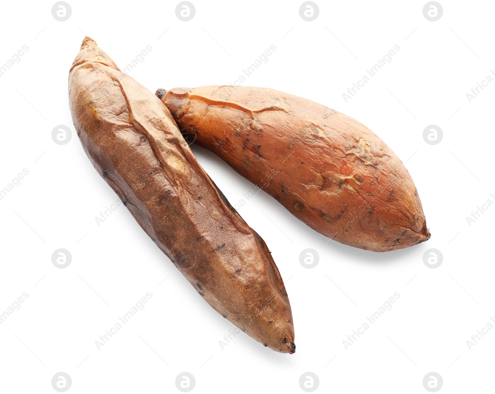 Photo of Tasty cooked sweet potatoes isolated on white, top view