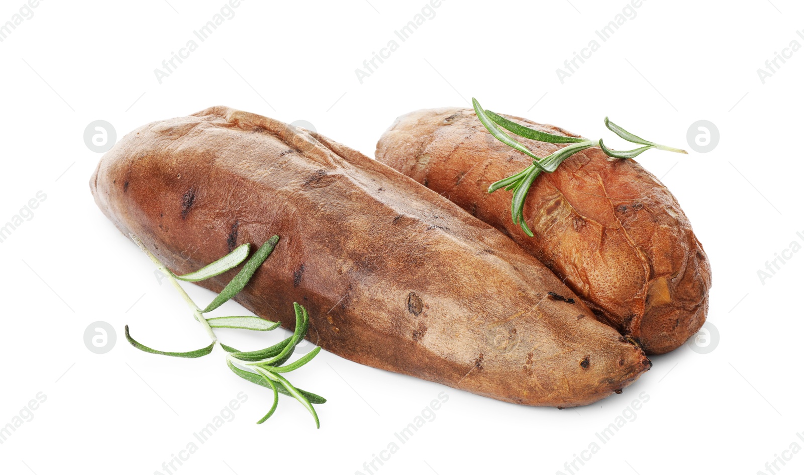 Photo of Tasty cooked sweet potatoes and rosemary isolated on white