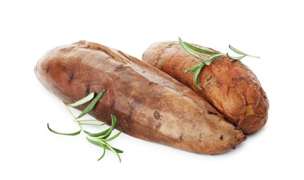 Photo of Tasty cooked sweet potatoes and rosemary isolated on white