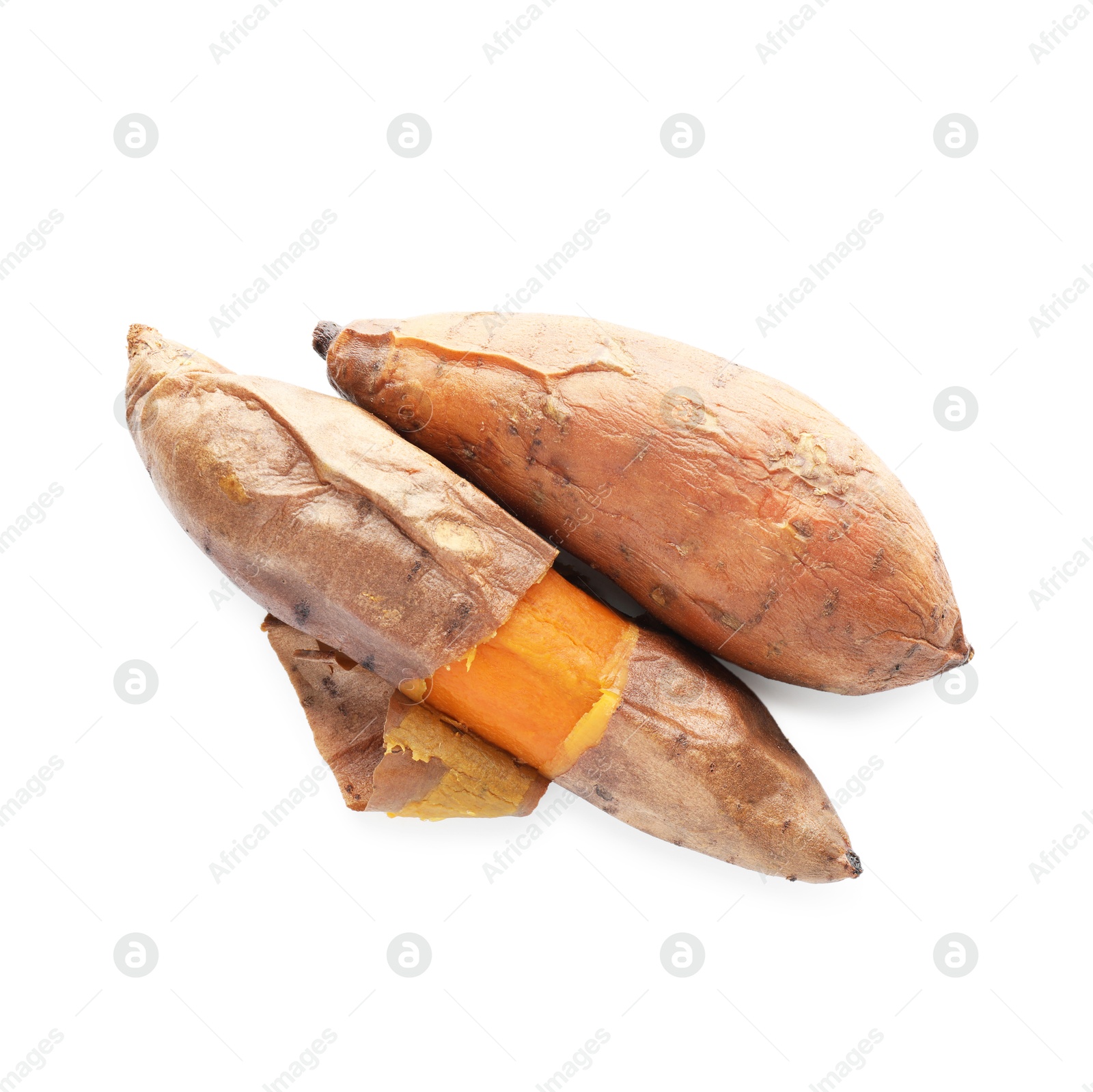 Photo of Tasty cooked sweet potatoes isolated on white, top view