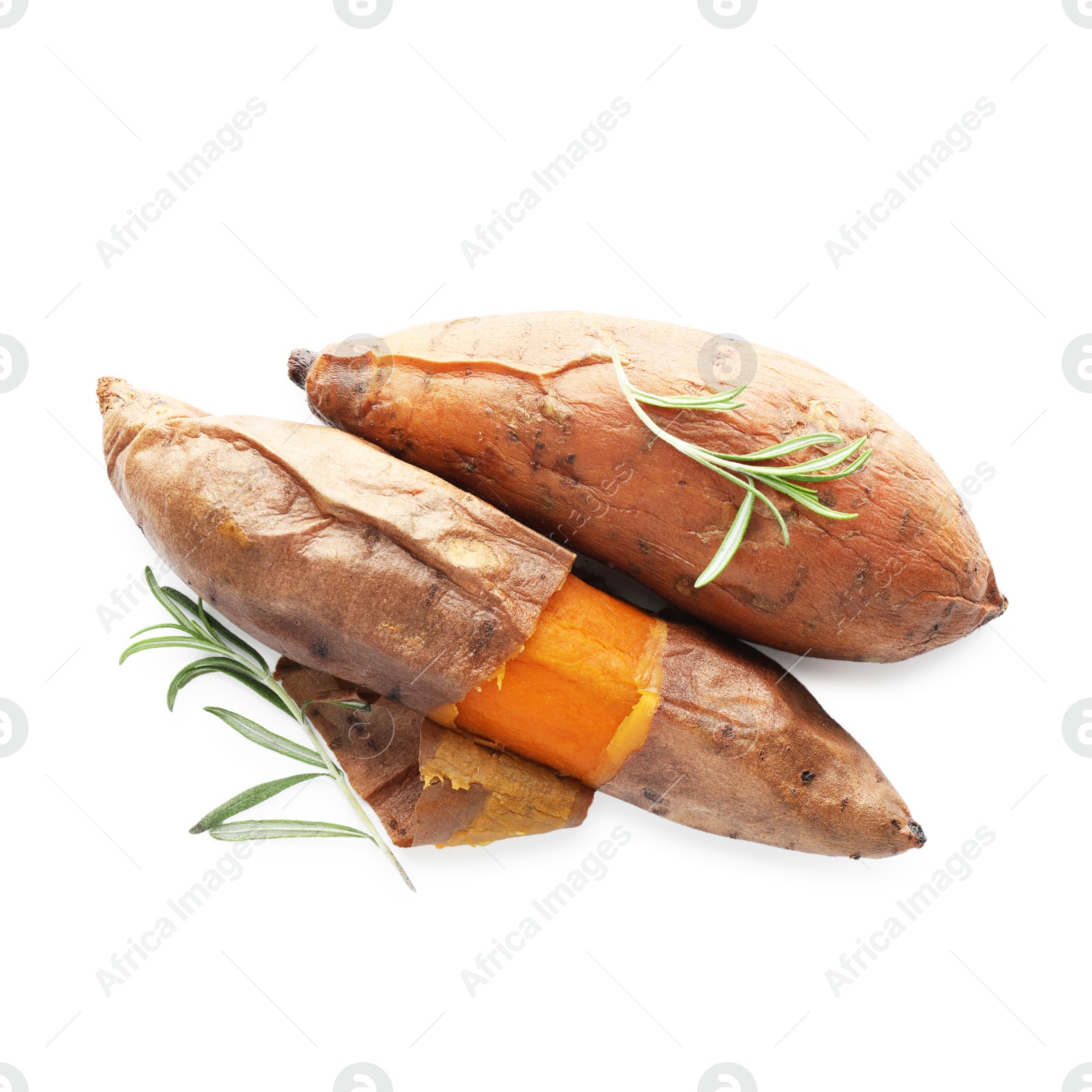 Photo of Tasty cooked sweet potatoes and rosemary isolated on white, top view