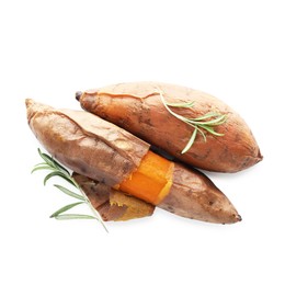 Photo of Tasty cooked sweet potatoes and rosemary isolated on white, top view