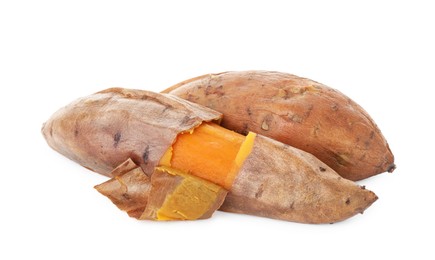 Photo of Tasty cooked sweet potatoes isolated on white