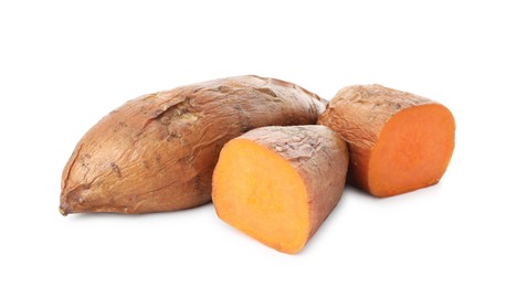 Photo of Tasty cooked sweet potatoes isolated on white