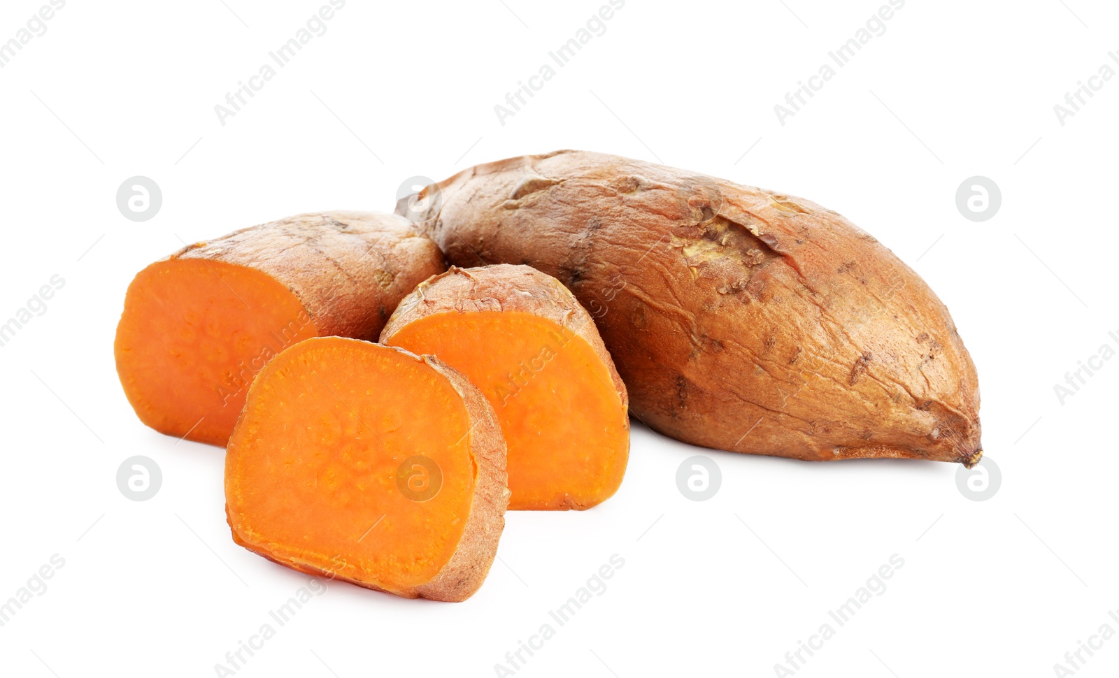 Photo of Tasty cooked sweet potatoes isolated on white