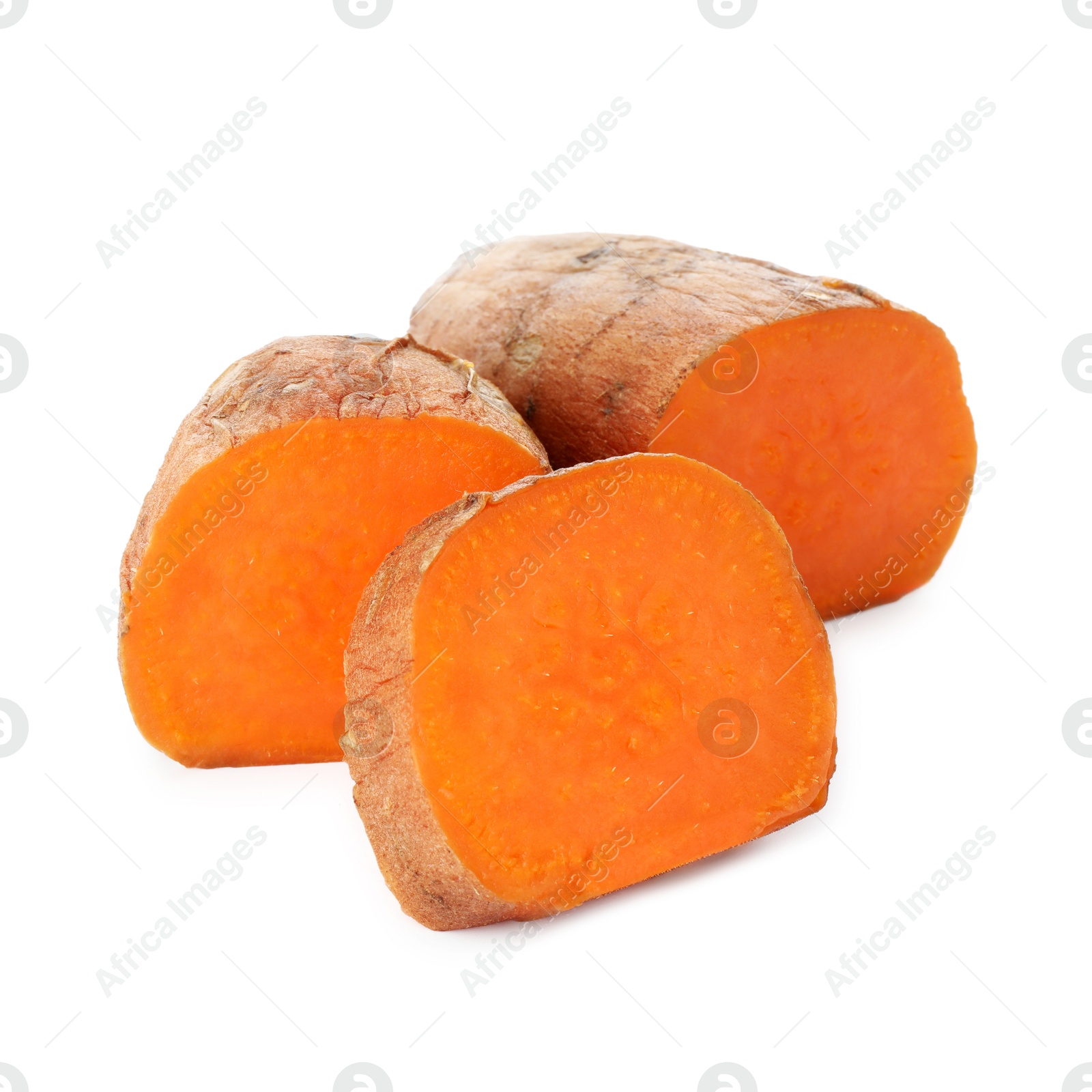 Photo of Cut cooked sweet potato isolated on white