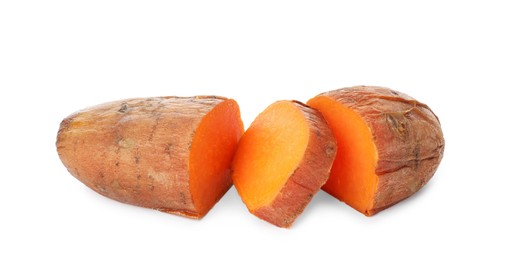 Photo of Cut cooked sweet potato isolated on white