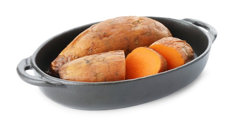 Photo of Tasty cooked sweet potatoes isolated on white