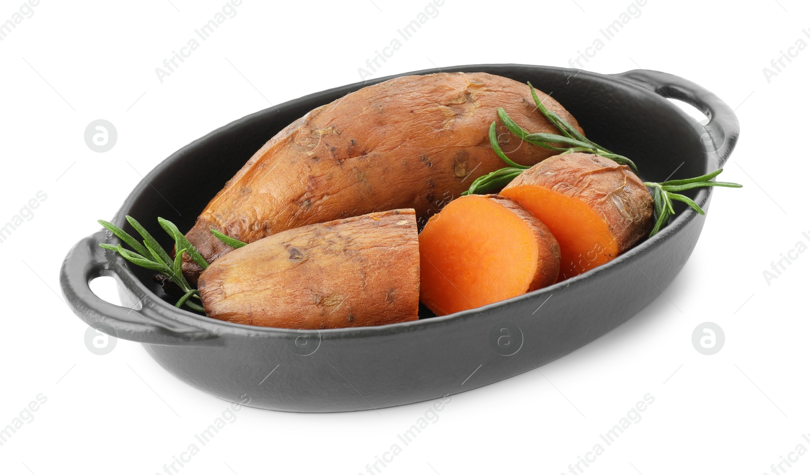 Photo of Tasty cooked sweet potatoes and rosemary isolated on white