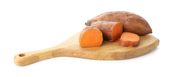 Photo of Tasty cooked sweet potatoes and wooden board isolated on white