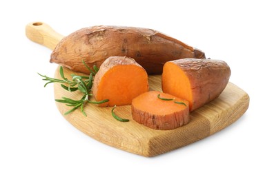 Photo of Tasty cooked sweet potatoes, rosemary and wooden board isolated on white