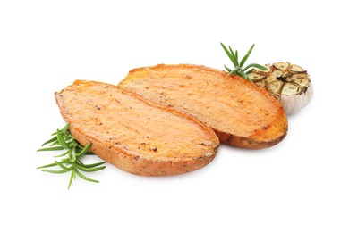 Halves of tasty cooked sweet potato, rosemary and garlic isolated on white