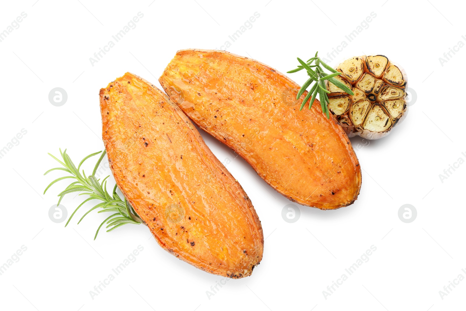 Photo of Halves of tasty cooked sweet potato, rosemary and garlic isolated on white