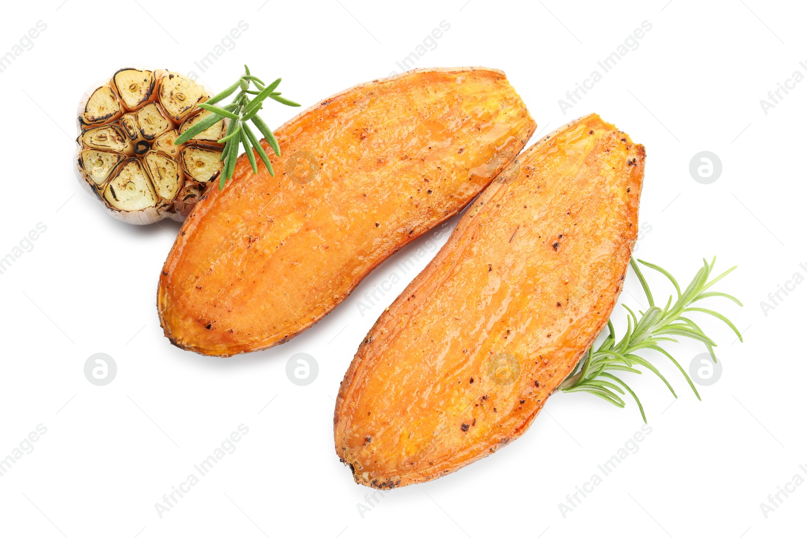 Photo of Halves of tasty cooked sweet potato, rosemary and garlic isolated on white