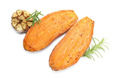 Photo of Halves of tasty cooked sweet potato, rosemary and garlic isolated on white