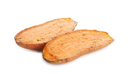 Photo of Halves of tasty cooked sweet potato isolated on white