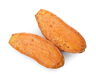 Photo of Halves of tasty cooked sweet potato isolated on white, top view