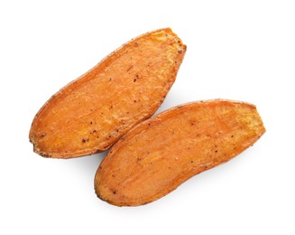 Photo of Halves of tasty cooked sweet potato isolated on white, top view