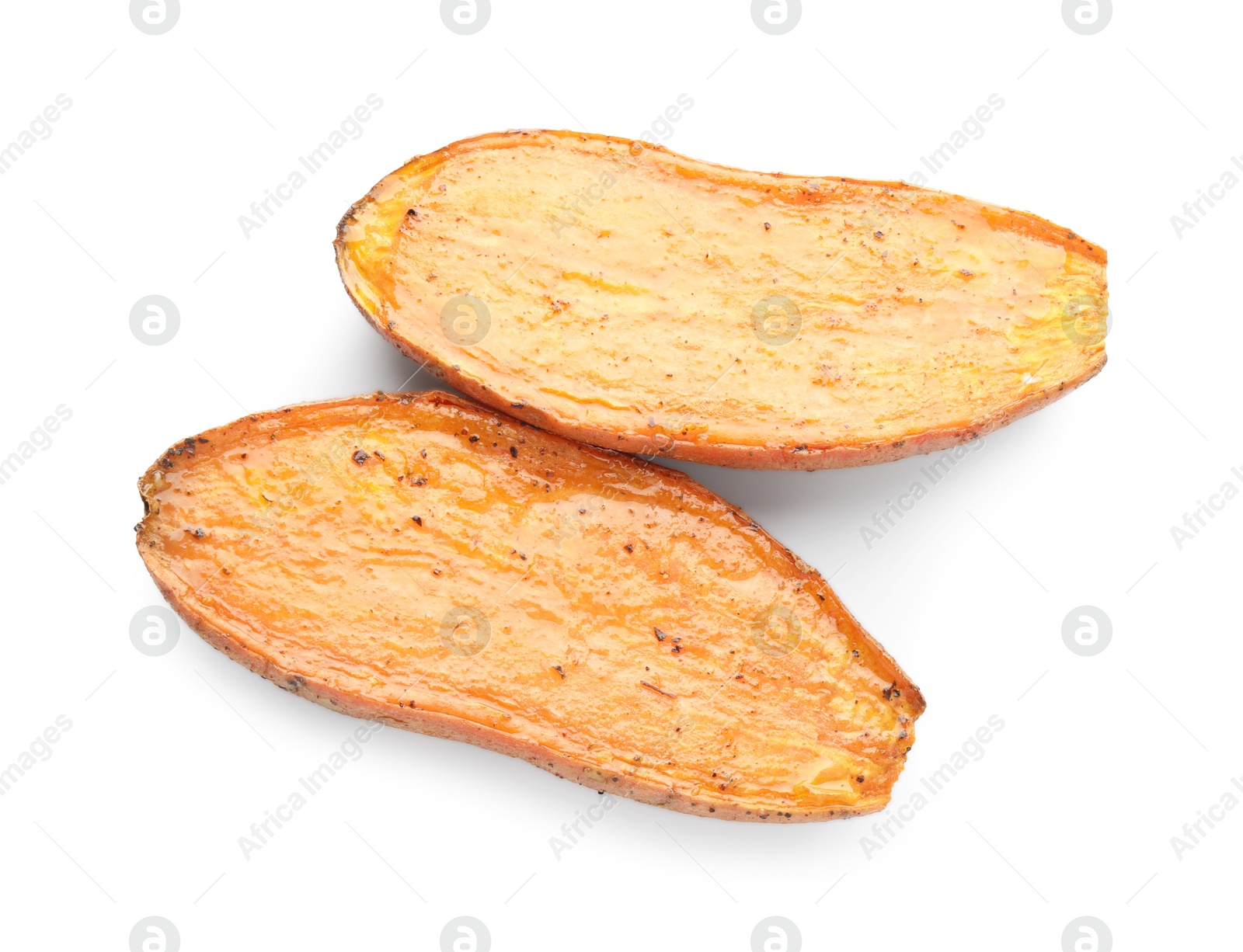 Photo of Halves of tasty cooked sweet potato isolated on white, top view