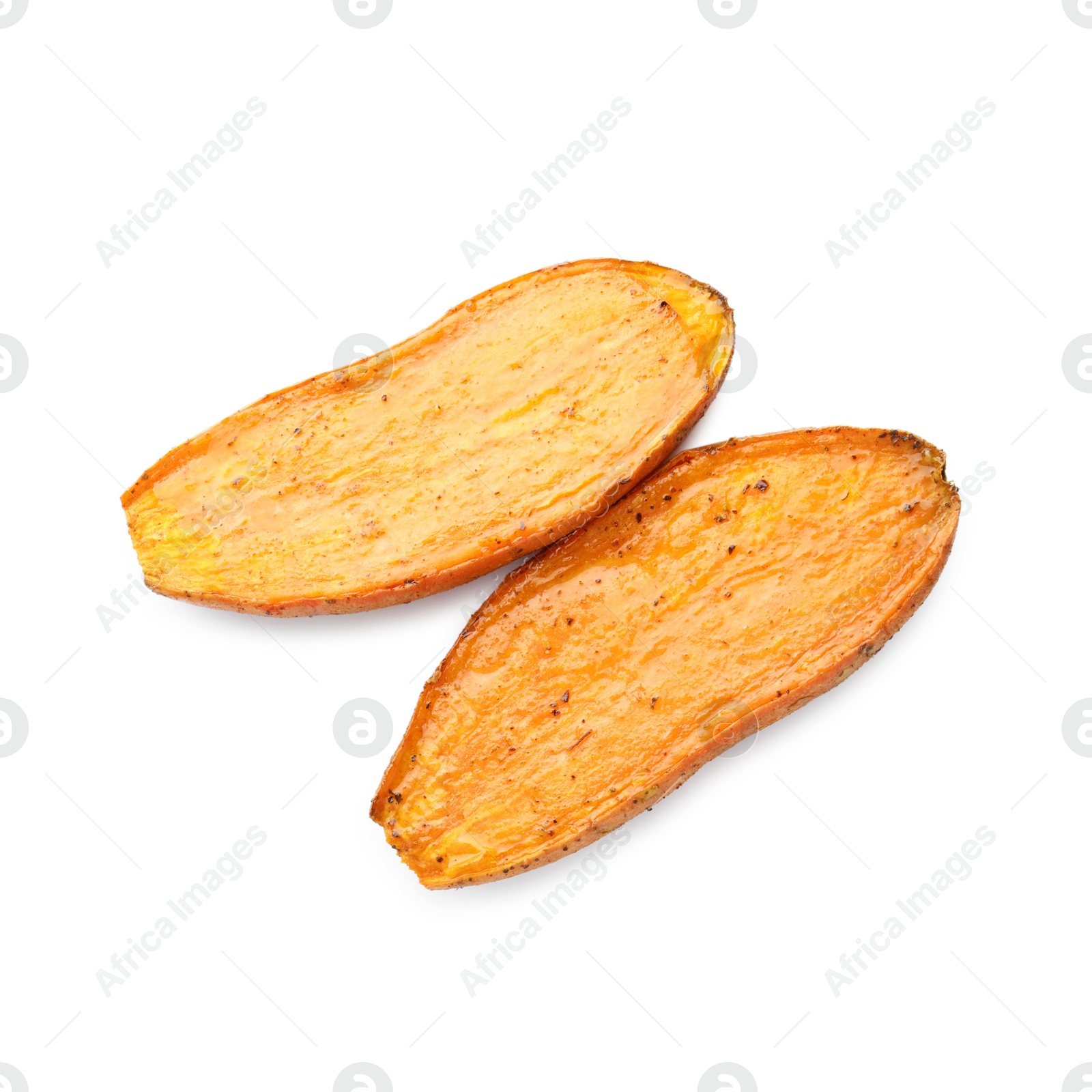 Photo of Halves of tasty cooked sweet potato isolated on white, top view