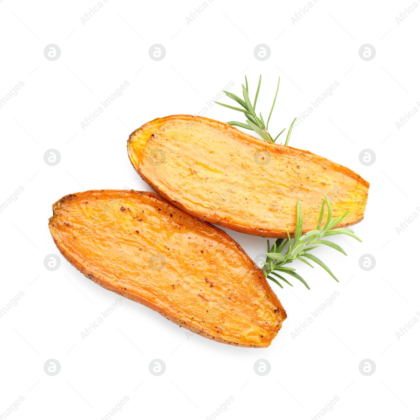 Photo of Halves of tasty cooked sweet potato and rosemary isolated on white, top view