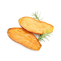 Photo of Halves of tasty cooked sweet potato and rosemary isolated on white, top view