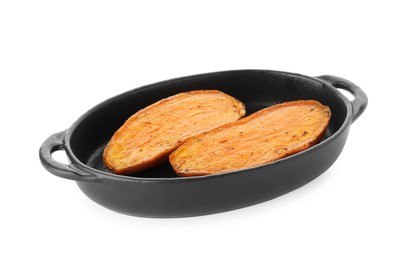 Photo of Halves of tasty cooked sweet potato in baking dish isolated on white