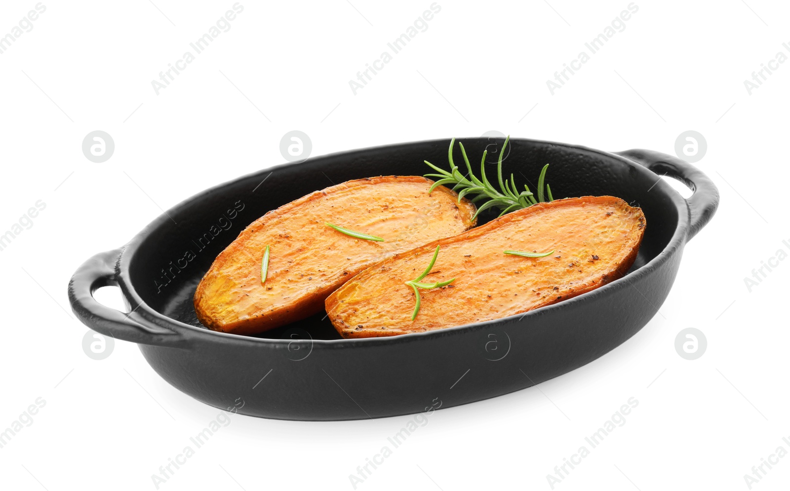 Photo of Halves of tasty cooked sweet potato with rosemary in baking dish isolated on white