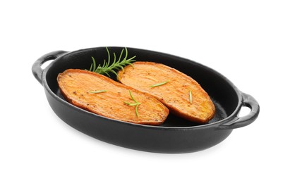 Photo of Halves of tasty cooked sweet potato with rosemary in baking dish isolated on white