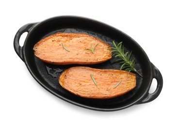 Photo of Halves of tasty cooked sweet potato with rosemary in baking dish isolated on white, top view