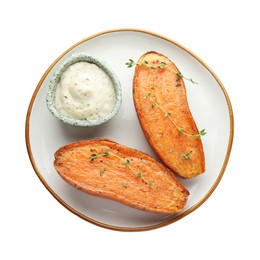 Photo of Halves of tasty cooked sweet potato with thyme and sauce isolated on white, top view