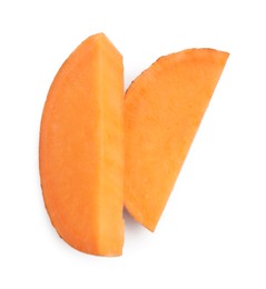 Photo of Pieces of raw sweet potato isolated on white, top view