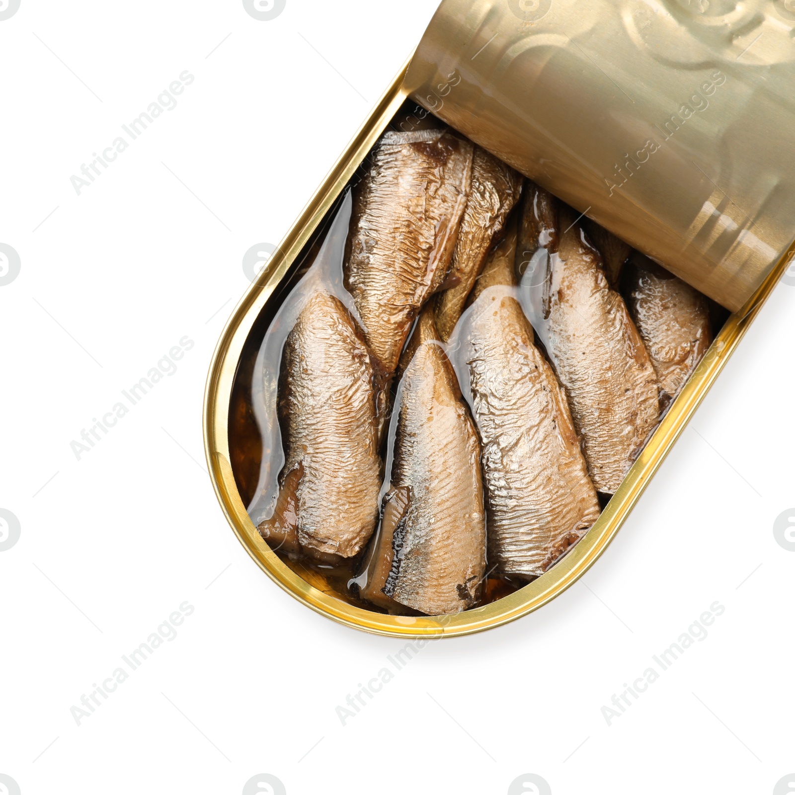 Photo of Tasty sprats in tin can isolated on white, top view