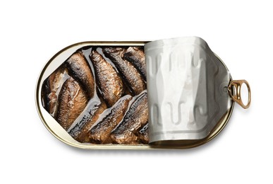 Photo of Tasty sprats in tin can isolated on white, top view