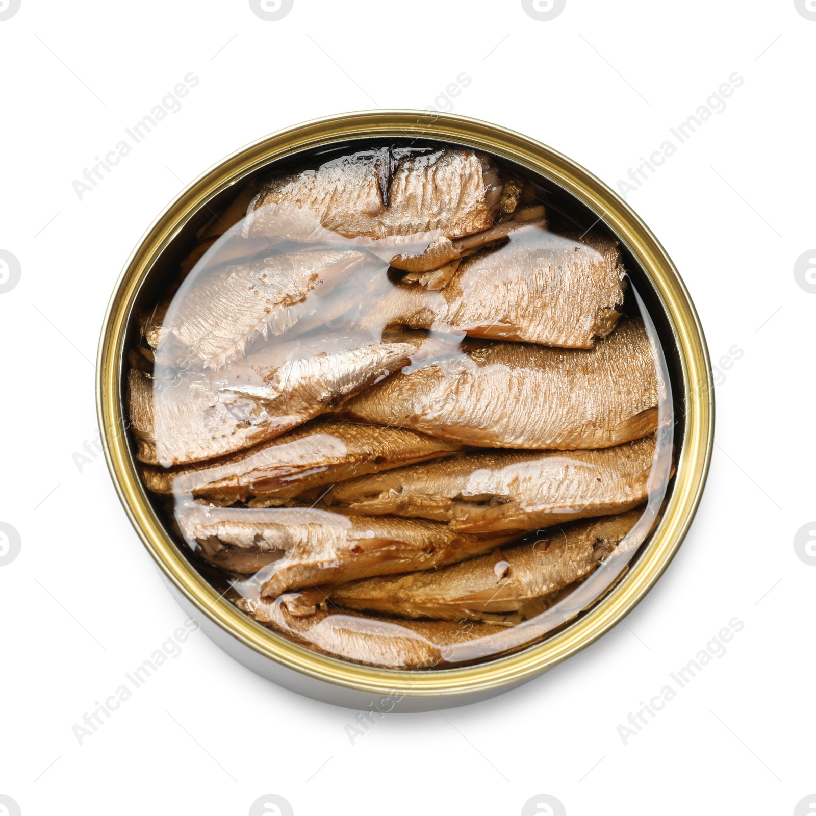 Photo of Tasty sprats in tin can isolated on white, top view