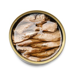 Photo of Tasty sprats in tin can isolated on white, top view