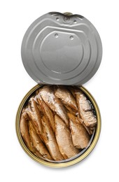 Photo of Tasty sprats in tin can isolated on white, top view