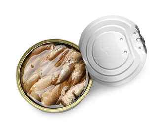 Tasty sprats in tin can isolated on white, top view