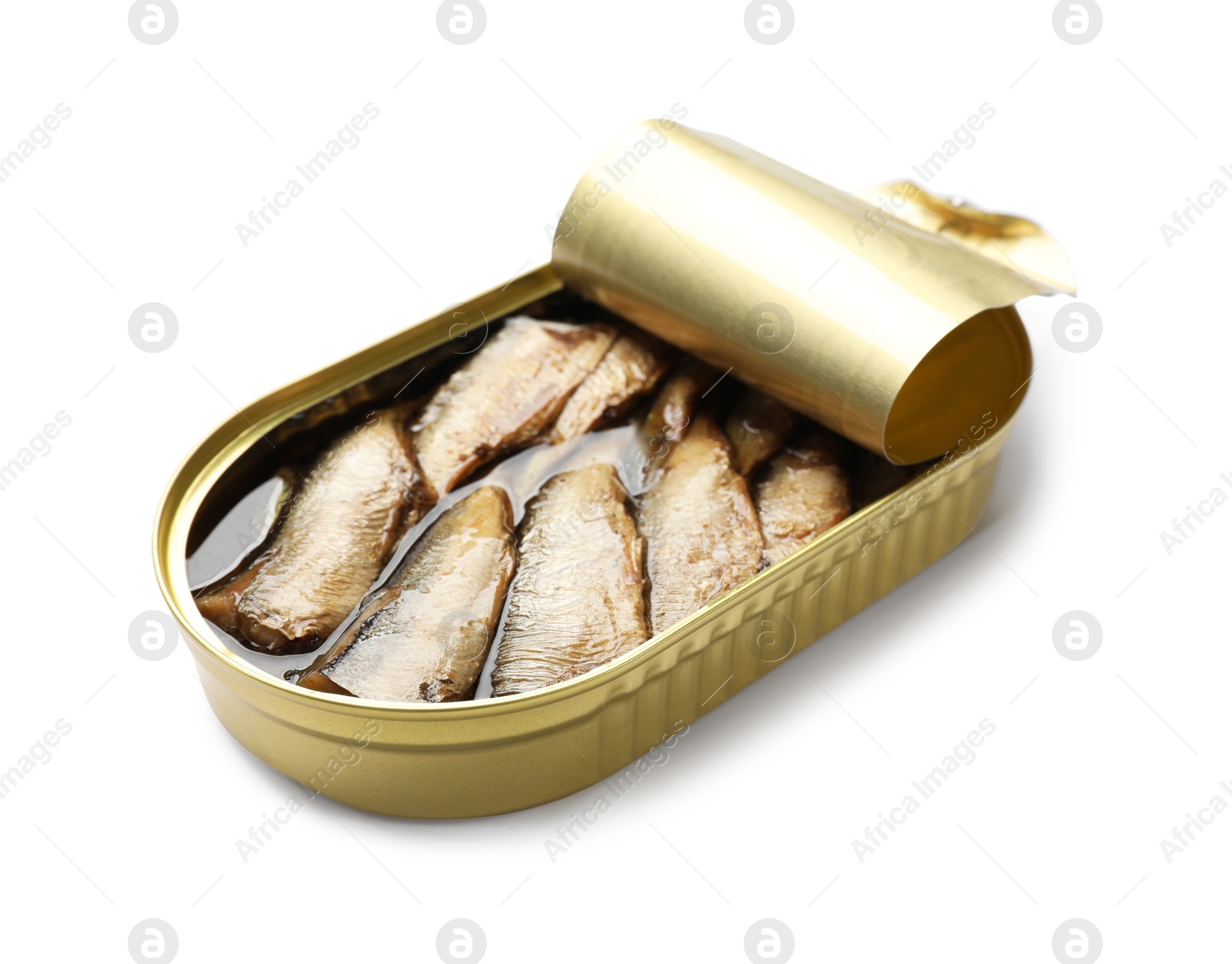 Photo of Tasty sprats in tin can isolated on white