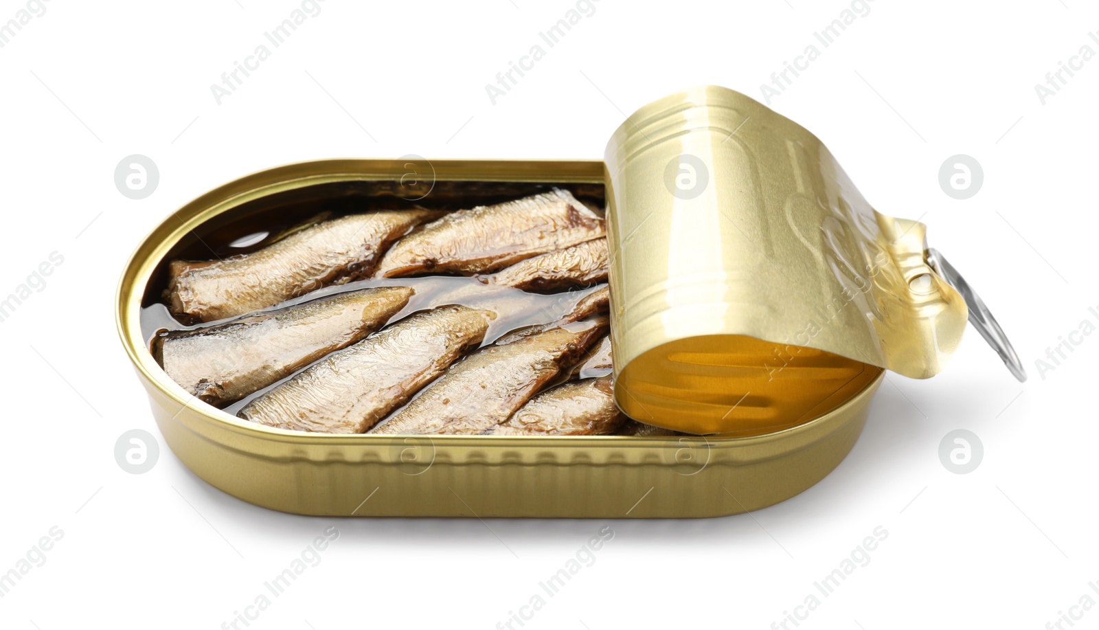 Photo of Tasty sprats in tin can isolated on white