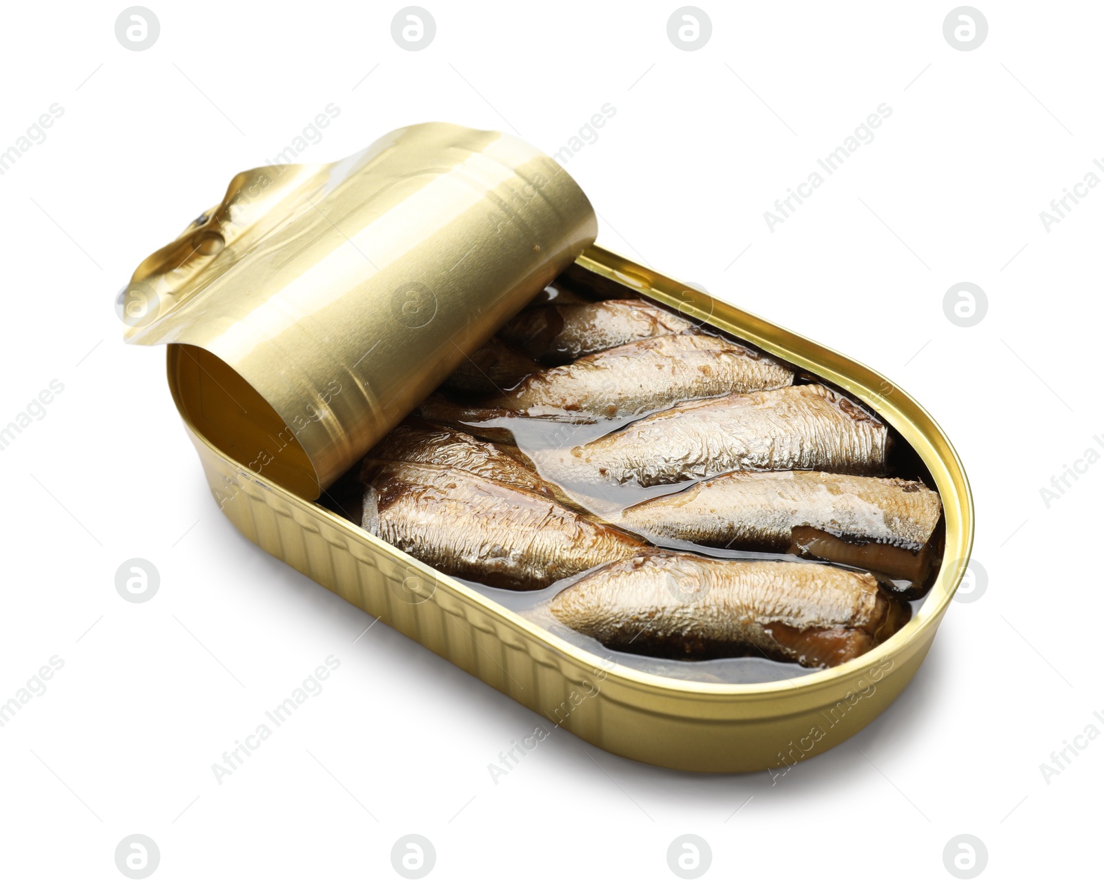 Photo of Tasty sprats in tin can isolated on white