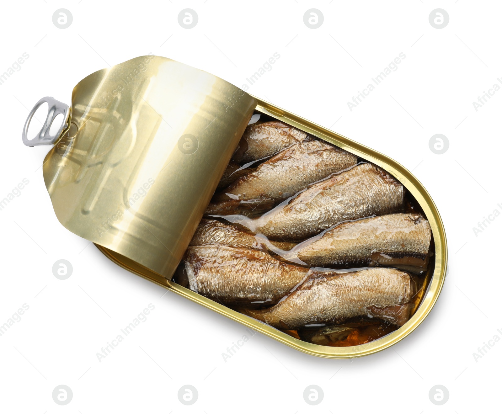 Photo of Tasty sprats in tin can isolated on white, top view