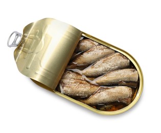 Tasty sprats in tin can isolated on white, top view