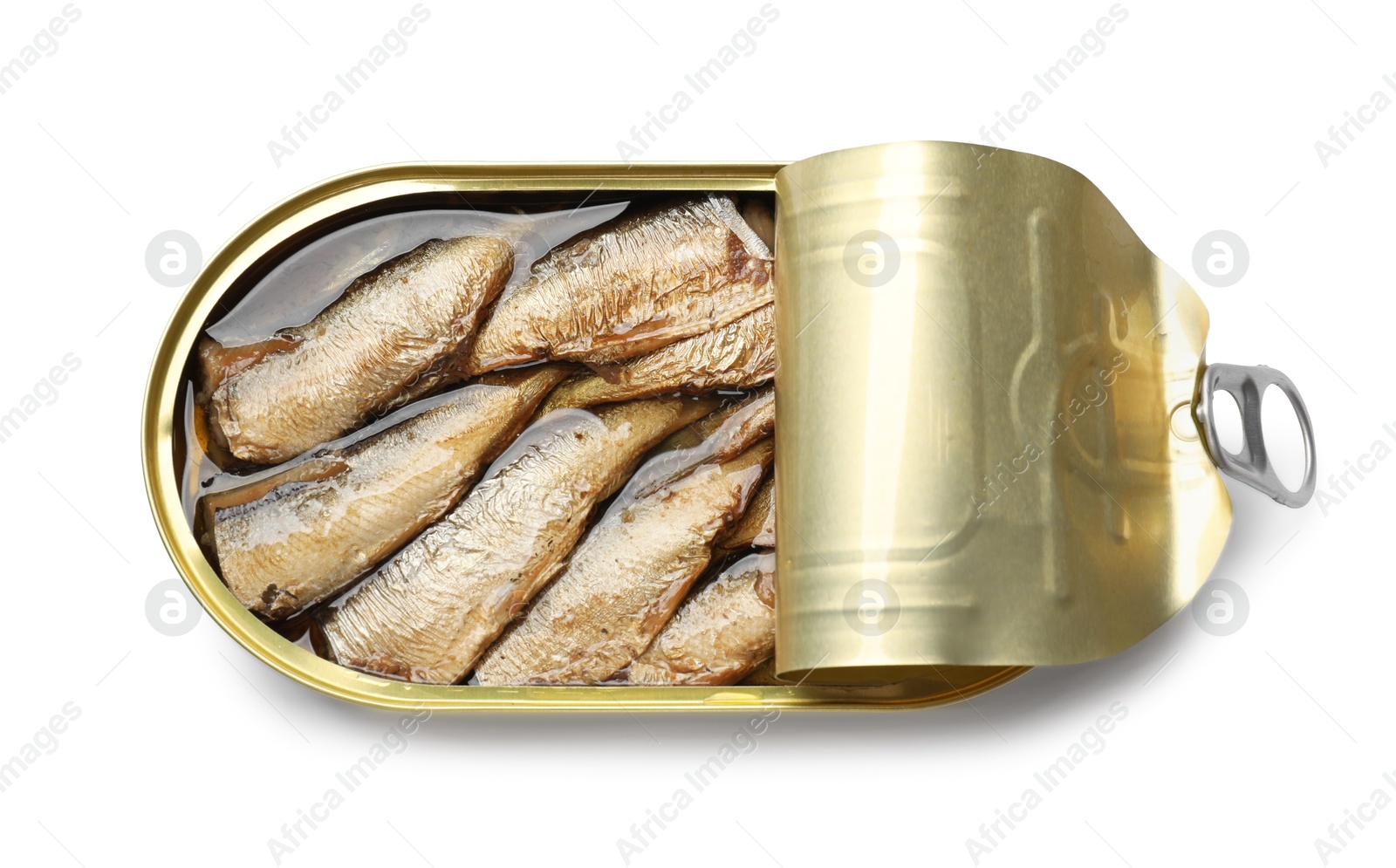 Photo of Tasty sprats in tin can isolated on white, top view