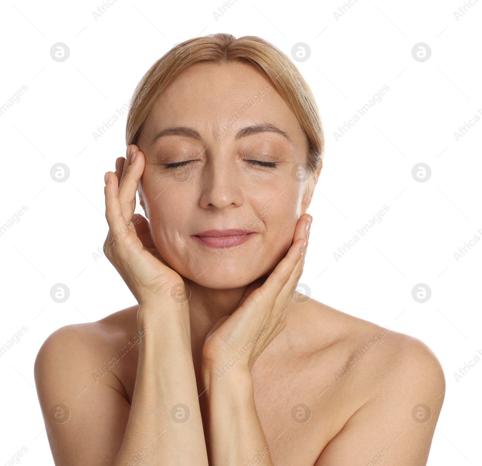 Photo of Beautiful woman doing facial self massage on white background