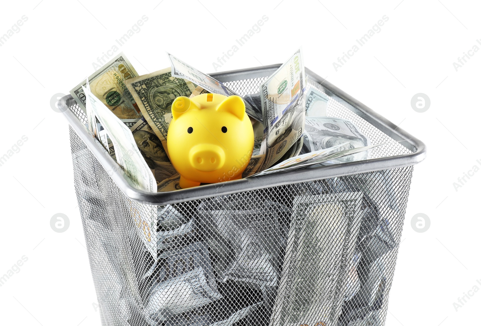 Photo of Many dollar banknotes and piggy bank in trash bin isolated on white