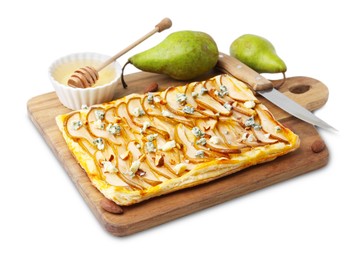 Photo of Delicious puff pastry tart with pears, almond, honey and blue cheese isolated on white