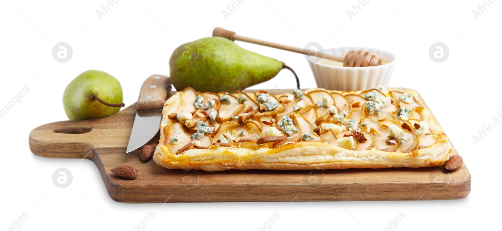 Photo of Delicious puff pastry tart with pears, almond, honey and blue cheese isolated on white