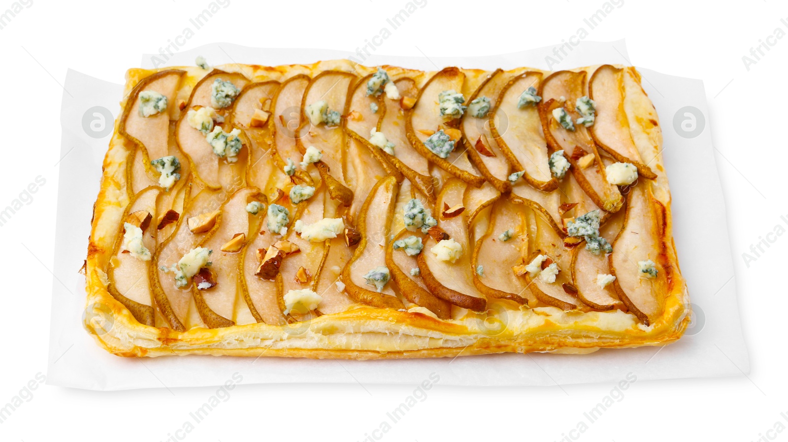 Photo of Delicious puff pastry tart with pears, almond and blue cheese isolated on white