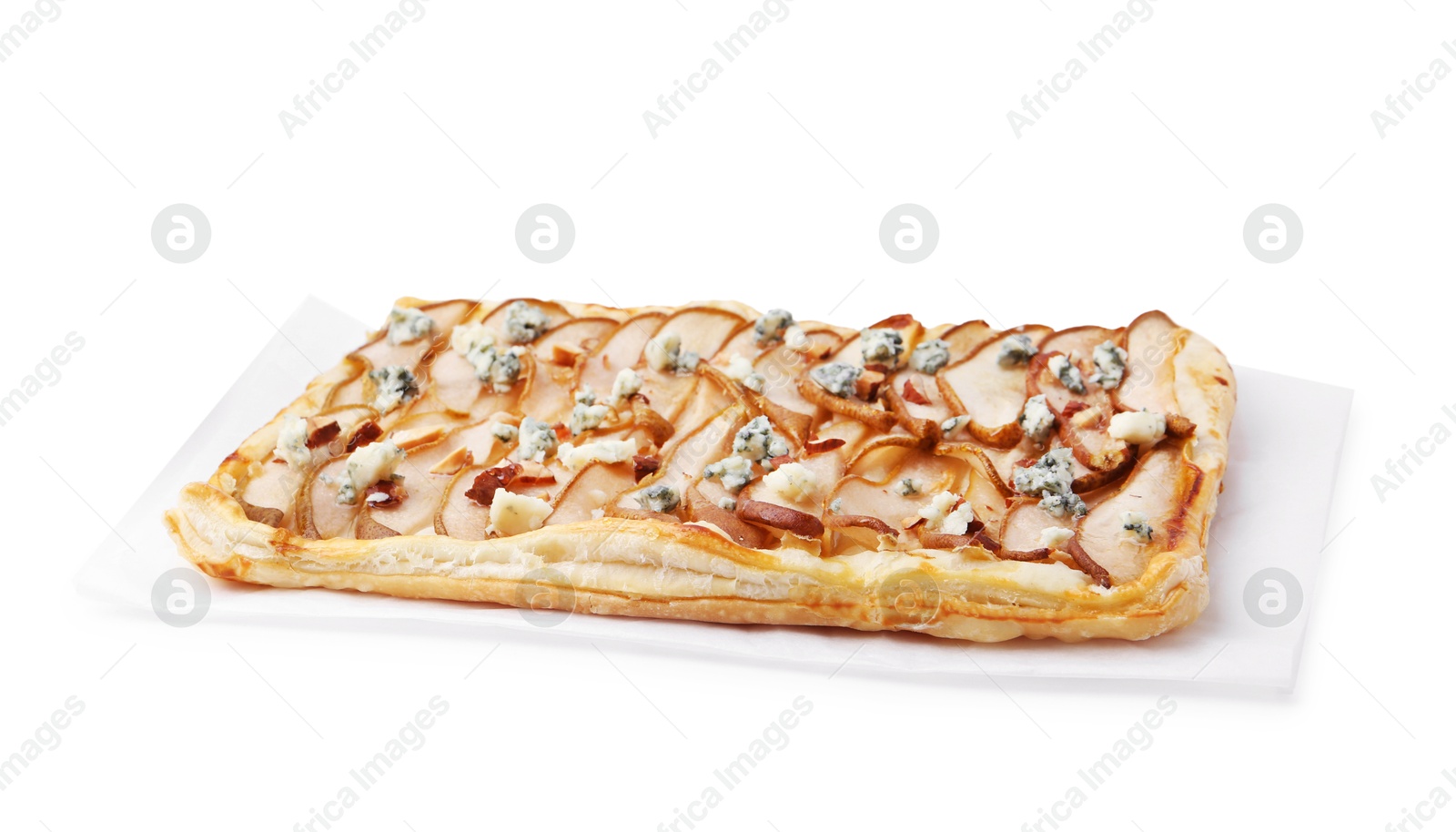 Photo of Delicious puff pastry tart with pears, almond and blue cheese isolated on white